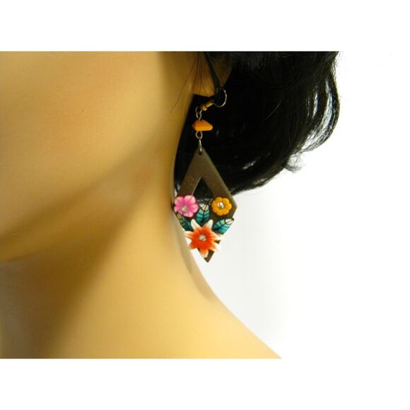 Island style Colorful Floral Dangle Drop Rhinestone accent Earrings 2.5 inch - Picture 3 of 8